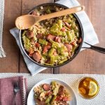 Italian Skillet Green Beans and Rice in a skillet on a linen towel on a dinner table