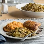 Plate of Simple Pan-Fried Green Beans with Mashed Sweet Potatoes