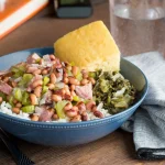Hoppin' John in a Blue Dish with Cornbread